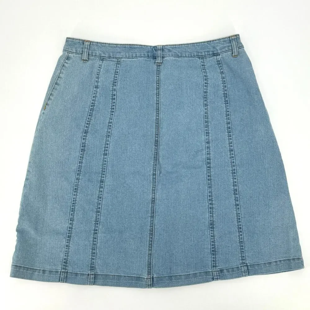 VTG Woman Within Brass Button Front Knee Length A-Line Faded Jean Skirt Size 14W